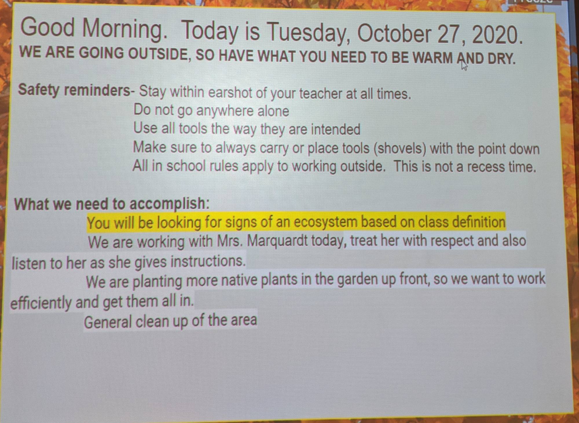 Teacher instructions describing student expectations for going outside